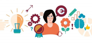 Illustration mit Frau, Glühbirne und Zahnrädern zum Speed-Dating mit Vorbild-Unternehmerinnen